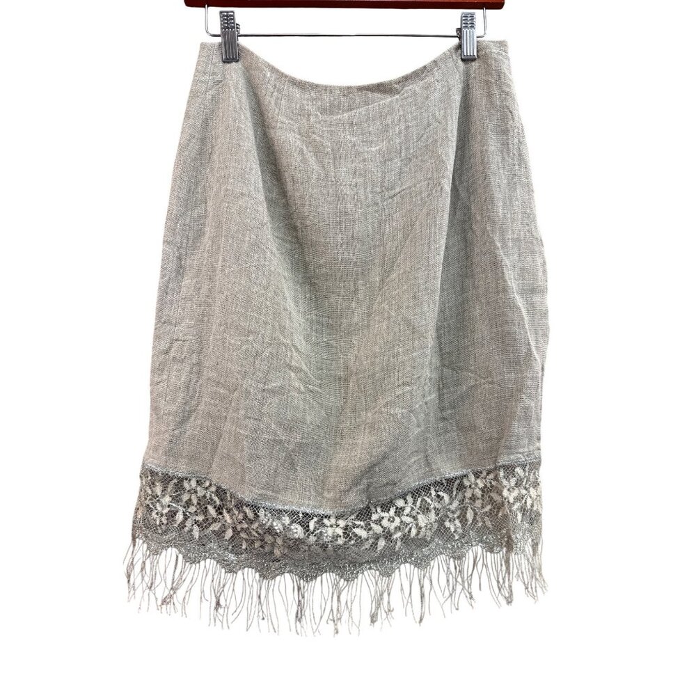 JÔN Beige Linen Skirt With Lace Hem & Fringe Size 8